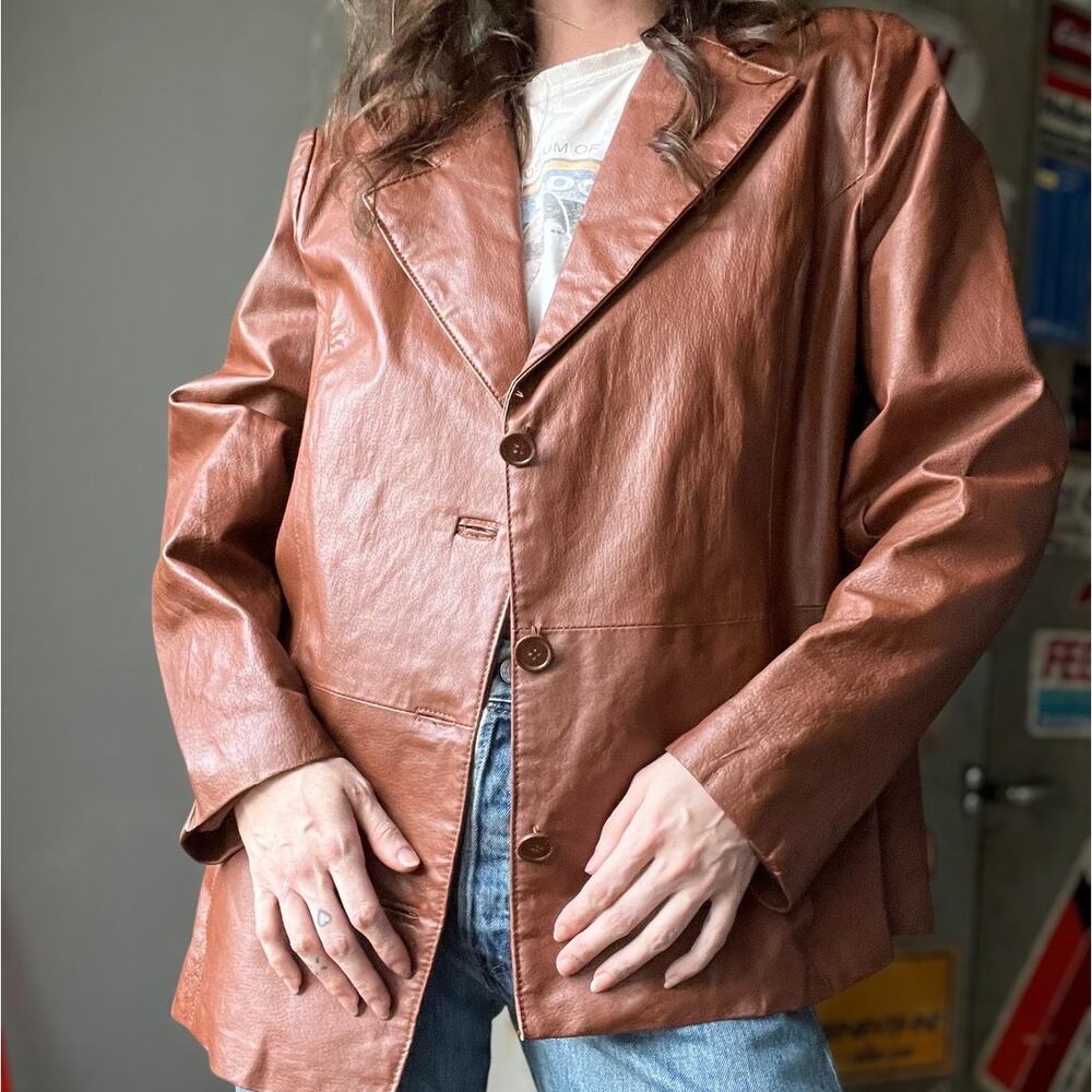Vintage Brown Leather Blazer | Cognac Brown 3-Button Jacket | Size XL
